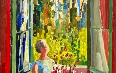 1970's Lady Looking At View The From The Window French Post Impressionist Oil