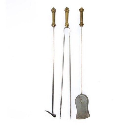 19TH C. REGENCY NEOCLASSICAL BRASS FIRE TOOLS, 3PC