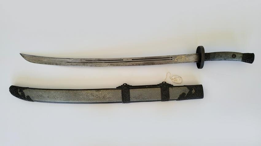 19th C. Chinese Sword With Tiger Inlaid Blade