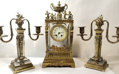 19th C French Bronze & Crystal 3 Piece Clock Set