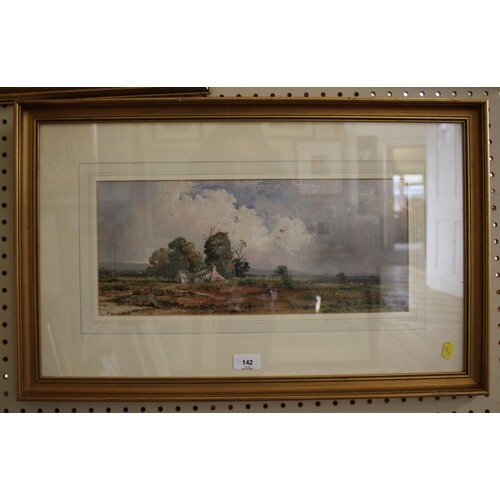 19th Century English School Lowland landscape with figure an...