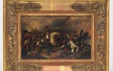 19th century Napoleonic War miniature battle scene. Hand painted on small miniature hard papier