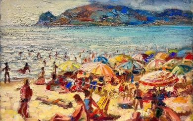 20th French Post Impressionist Oil Busy Summer Beach Scene Many Figures & Color 1960's