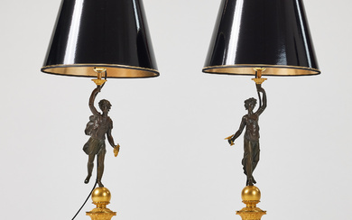 2765023. TABLE LAMPS, a pair, Louis-Phillipe, France first half of the 19th century, paired, matted and polished burnished gilt and dark patinated bronze.