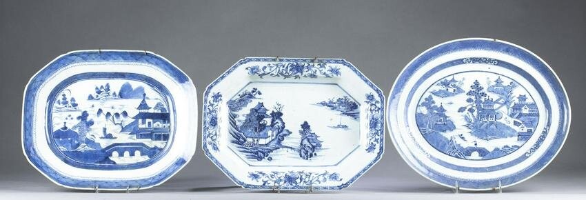 3 Chinese blue and white Canton porcelain plates.