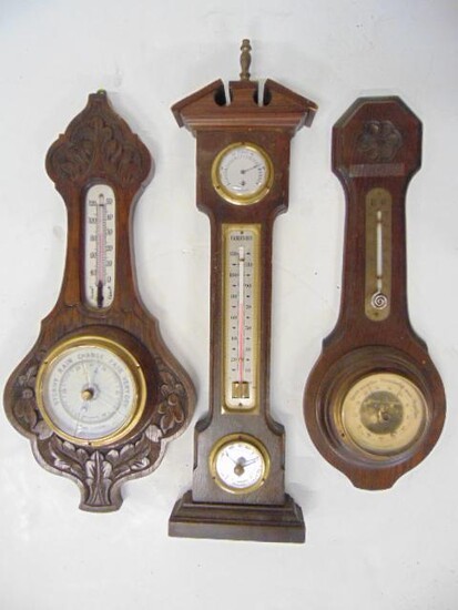 3 Wooden Aneroid Barometer and Thermometer, Carved, 1)
