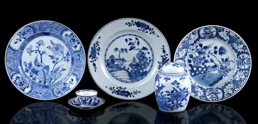 3 porcelain dishes with floral and landscape decor and