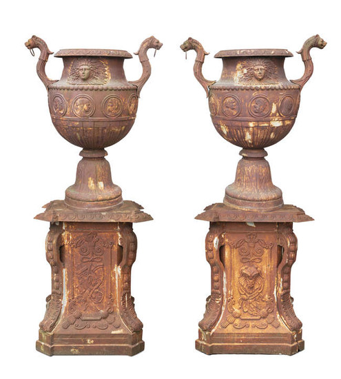 A PAIR OF MONUMENTAL FRENCH CAST IRON URNS...