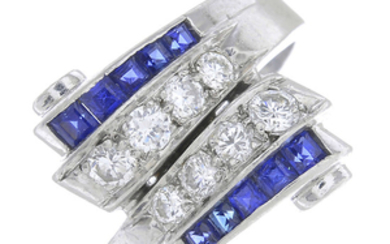 An Art Deco platinum, diamond and sapphire ring.