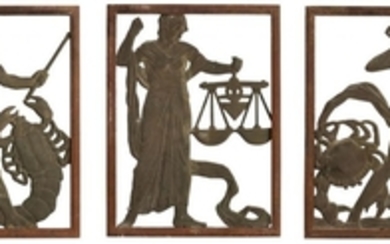 C.A Llewellyn Roberts, three brass Zodiac panels...