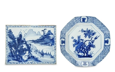 A CHINESE BLUE AND WHITE OCTAGONAL DISH AND A LANDSCAPE