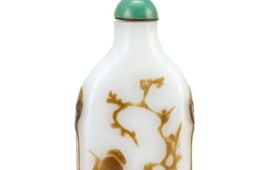 CHINESE OVERLAY GLASS SNUFF BOTTLE In modified rectangular form. Olive green design of a cat and butterflies on obverse and a farmer...