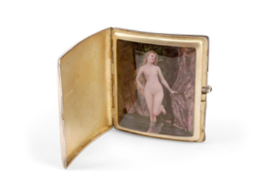 A Continental partial gilt silver and enamel erotic cigarette case with hidden panel