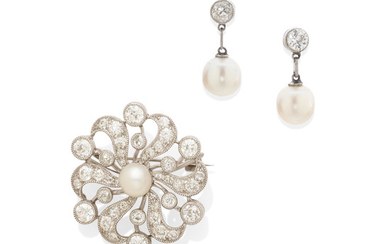 A cultured pearl and diamond brooch together with a pair of cultured pearl and diamond earrings