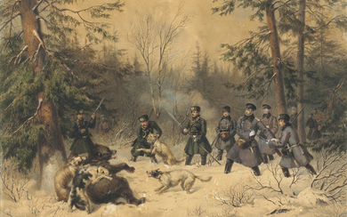 Franz Teichel (b. 1816), Emperor Alexander II (1855-1881) on a bear hunt; and Procession of Alexander II