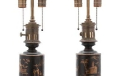 A Pair of French Gilt Bronze and Tole Fluid Lamps