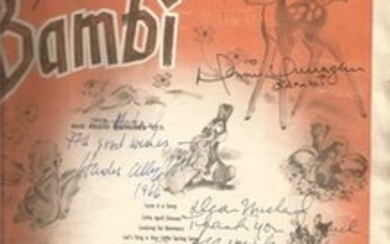 Multi signed Bambi music score. Signed by Donnie Dunagan, Hardie Albright, Sterling Holloway and Peter Behn. Signed on front......