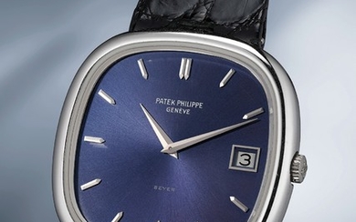 Patek Philippe, Ref. 3604 A very elegant and masculine cushion-shaped white gold wristwatch with blue dial, box and original guarantee