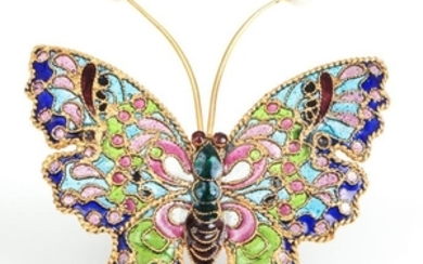 Plique-À-Jour Butterfly Pin with Pearl Vermeil.