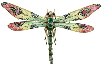 Plique Ã Jour Huge Diamond Gemstone Dragonfly Brooch