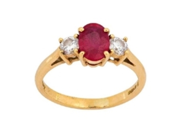A ruby and diamond three-stone ring, by Pravins