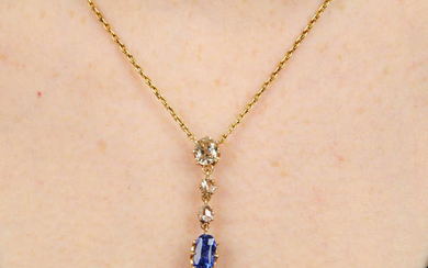 A sapphire, old-cut diamond and rose-cut diamond line pendant, on chain.