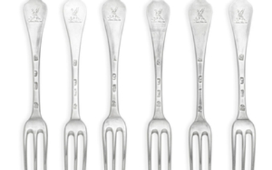 A set of six Queen Anne silver table forks
