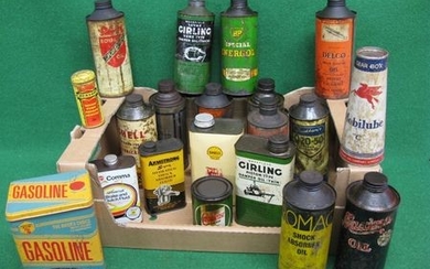 Twenty assorted oil cans etc from Energol, Snowdrift, Romac, Mobilube, Delco, Girling, Duckhams, Shell, Armstrong, Maxima,...
