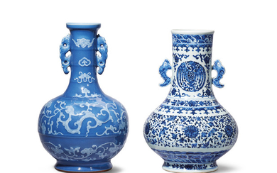 A WHITE SLIP-DECORATED BLUE-GLAZED ‘PHOENIX’ VASE AND A BLUE AND WHITE ‘LOTUS’ VASE, QING DYNASTY, 18TH-19TH CENTURY