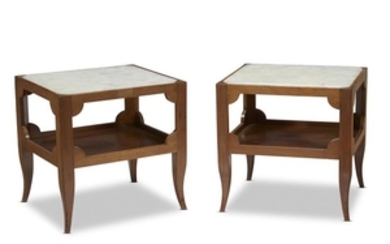A pair of wood and marble top side tables...