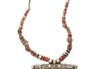 Yemen Tribal Silver & Red Coral Pendant Necklace
