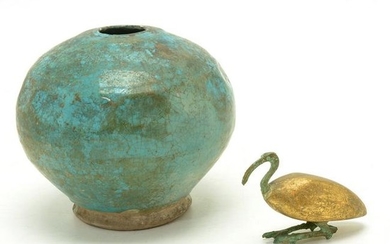 Lot of Two Egyptian Antiquities; Faience Vase and Ibex