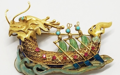 A rare 18k gold enamel and ruby brooch- China 1950's