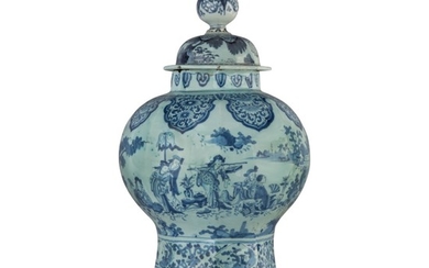 A DUTCH DELFT BLUE AND WHITE OCTAGONAL BALUSTER VASE AND COVER, LATE 17TH CENTURY