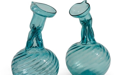 Two German pale-green tinted glass bottles, Kuttrolf, 17th century