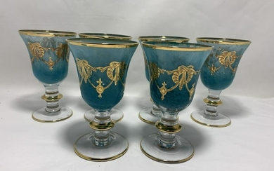 (6) TURQUOISE W/ GOLD SWAG CRYSTAL WINE GLASSES 6"