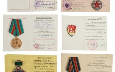 7 RUSSIAN SOVIET MEDALS AND BADGES WITH DOCUMENTS