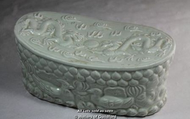 A Chinese celadon green pillow, 25.5cm wide.