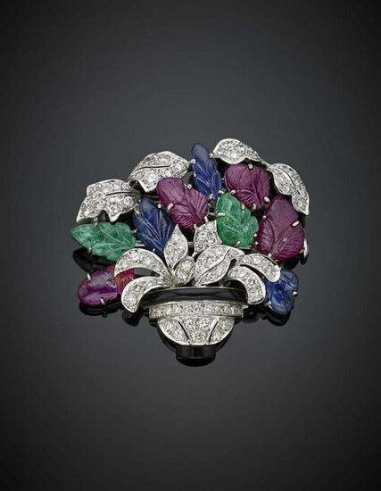 Diamond and platinum flower vase brooch with carved