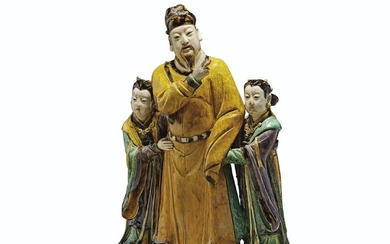 A GREEN AND YELLOW-GLAZED TILEWORKS FIGURAL GROUP, MING DYNASTY (1368-1644)