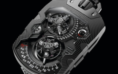 "Urwerk's Masterpiece" Urwerk. An Exceptionally Rare, Limited Edition AlTiN Coated Stainless Steel Automatic Annual Calendar Watch with Revolving Satellite Hour and Month Displays, Retrograde Minutes and Date, Day-Night, Power Reserve Indication, "Oil...