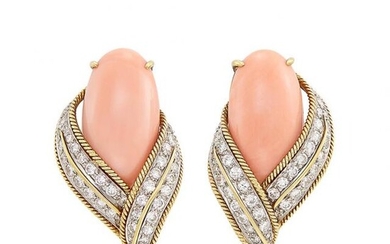 Pair of Gold, Platinum, Coral and Diamond Earclips, David Webb