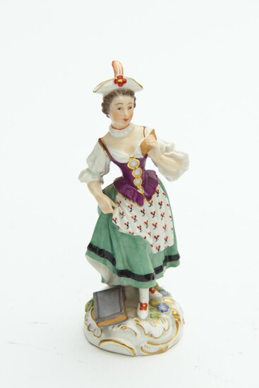 A 19TH CENTURY SIGNED BERLIN PORCELAIN FIGURE OF LADY WITH BOOK, H.15CM, LEONARD JOEL LOCAL DELIVERY SIZE: SMALL