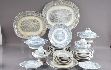 A 19th Century Antique Victorian Staffordshire transfer ware earthenware pottery dinner service in 'Rhine' pattern