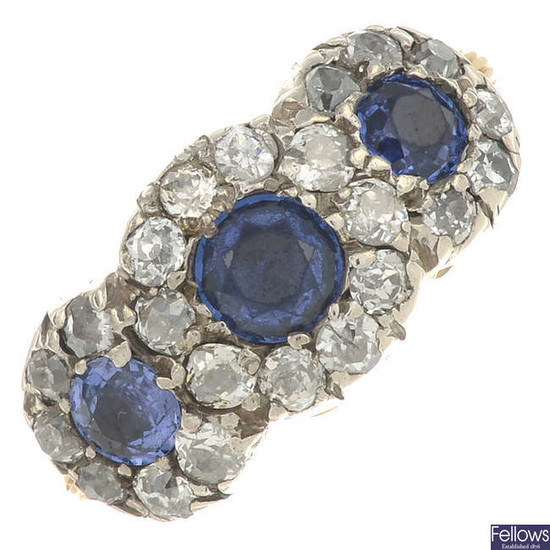 A 19th century 18ct gold sapphire and old-cut diamond triple cluster ring.
