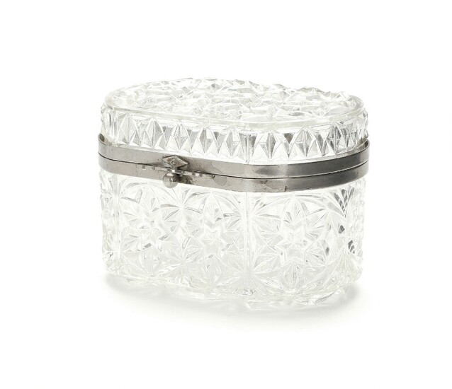 A 20th century clear pressed glass sugar casket with silver plate brass mounting. H. 9. L. 13. W. 9 cm.