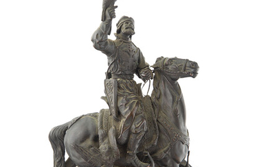 A BRONZE SCULPTURE OF A FALCONER, CAST AFTER THE MODEL BY EVGENY NAPS (RUSSIAN 19TH-20TH CENTURY)