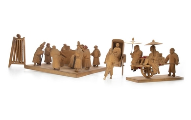 A CHINESE CARVED WOOD DIORAMA OF A