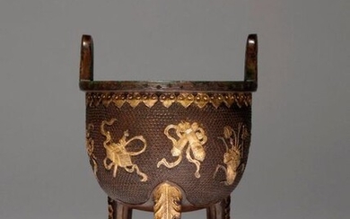A CHINESE PARCEL-GILT BRONZE 'ANBAXIAN' TRIPOD INCENSE BURNER, DING 17TH/18TH...