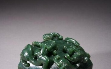 A CHINESE SPINACH GREEN JADE SQUARE SEAL